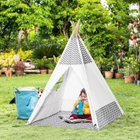 HOMCOM Tenda Tipi para Crianças acima de 3 Anos Tenda Infantil de Madeira Portátil com Janela Almofada e Bolsa de Transporte para Interiores e Exteriores 120x120x155cm Cinza(m-2)