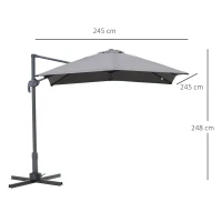 HOMCOM Chapéu de Sol de Jardim 245x245x248cm Chapéu de Sol Excêntrico com Rotação 360° Inclinação de 5 Níveis com Manivela e Ventilação para Pátio Terraço Cinza(m-3)