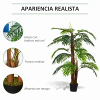 Outsunny Palmeira Artificial Planta Sintética de 120cm com Vaso 19 Folhas Realistas e 3 Troncos Decoração para Casa Escritório Exterior Verde(m-5)
