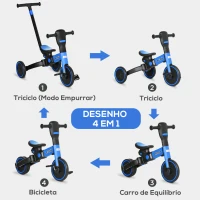 HOMCOM Triciclo Infantil 4 em 1 com Guiador Ajustável e Desmontável Estrutura de Liga de Alumínio 101x45x76,2-98,8cm Azul(m-4)