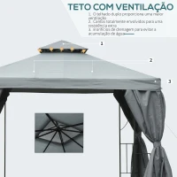 Outsunny Pérgola de Jardim 3x3 Pérgola com 4 Cortinas Laterais Removíveis com Zíper 8 Orifícios de Drenagem e Duplo Teto Cinza Escuro(m-4)