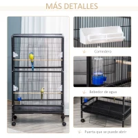 PawHut Gaiola para Pássaros com 4 Rodas Gaiola para Pássaros Metálica com Múltiplas Portas 4 Comedouros Bebedouro 2 Poleiros e Bandeja para Louros Canários Periquitos 79x52x137cm Preto(m-7)