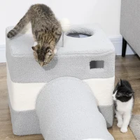 PawHut Túnel para Gatos com Caverna Túnel para Animais de Estimação com Orifício Superior e Bola Suspensa 48x95x58cm Cinza(m-9)