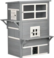 PawHut Casa para Gatos de Madeira Exterior Casa Grande para Gatos de 3 Andares com Múltiplas Entradas Janelas e 2 Plataformas para Terraço Balcão Jardim 98x68,5x122cm Cinza(m-9)