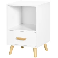 HOMCOM Mesa de Cabeceira Mesa Auxiliar Moderna com 1 Gaveta e Compartimento de Armazenamento 40x40x62cm Branco e Madeira(m-11)