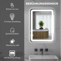 HOMCOM Badkamerspiegel, verlicht, Touch-bediening, Anti-Condens, Dimbaar, 3 Lichtkleuren, 50x70, Zilver(m-4)