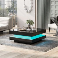 Stylish High Gloss Coffee Table with Rotating Top, 16-Colour LED Light, Rectangular Occasional Table with Lift Top, 70x70x36 cm, Black(m-1)