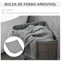 HOMCOM Cesto de Roupa de Bambu Capacidade de 55L Cesto para Roupa Suja com Tampa e Bolsa Amovível 38x38x57 cm Cinza(m-5)