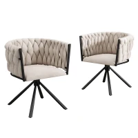 Set de 2 scaune de dining din material cu efect de catifea, tapițate, rotative la 360° cu design ergonomic și structură din metal, Bej(m-1)