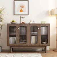 Credenza in Noce con Vetrina e 4 Ante in Vetro a Strisce Verticali, multiuso per Soggiorno, Marrone(m-1)