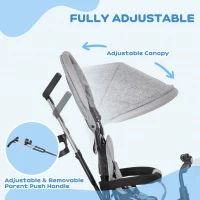 HOMCOM Tricicletă pentru Copii cu Mâner 6 În 1, Cărucior pentru Copii cu Baldachin Reglabil, Centura de Siguranță și Coș, Vârsta 1-5 ani, 95x50x106 cm, Gri(m-5)