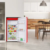 Réfrigérateur Portable à Une Porte avec Mini Congélateur, Capacité Totale de 91 Litres, Consommation Annuelle de 85 kWh, Lumière LED, 48x51x87,5 cm, Rouge(m-4)