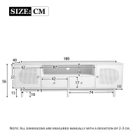 Modern TV Stand with 2 Rattan Doors and 2 Storage Drawers, Cable Management, TV Cabinet for Bedroom, Living Room, 180x40x56 cm, White(m-3)