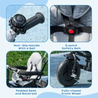 HOMCOM Tricicletă pentru Copii cu Mâner 6 În 1, Cărucior pentru Copii cu Baldachin Reglabil, Centura de Siguranță și Coș, Vârsta 1-5 ani, 95x50x106 cm, Gri(m-7)