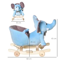 HOMCOM Animale a Dondolo a forma di Elefante con Rotelle e Cintura, in Peluche, Legno e Acciaio, 60x35x45 cm, Blu(m-3)