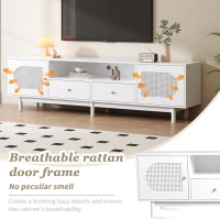 Modern TV Stand with 2 Rattan Doors and 2 Storage Drawers, Cable Management, TV Cabinet for Bedroom, Living Room, 180x40x56 cm, White(m-4)