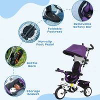 HOMCOM 6 in 1 Kids Trike Push Bike w/ Push Handle, Canopy, 5-point Safety Belt, Storage, Footrest, Brake, for 1-5 Years, Purple(m-6)