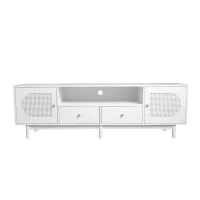 Modern TV Stand with 2 Rattan Doors and 2 Storage Drawers, Cable Management, TV Cabinet for Bedroom, Living Room, 180x40x56 cm, White(m-2)