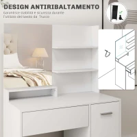 HOMCOM Toeletta Trucco con Specchio e Sgabello, Cassetto, Armadietto e Ripiani in Legno, Bianco(m-8)