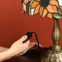 HOMCOM Stained Glass Table Lamp, Handmade Antique Bedside Lamp for Bedroom, Living room, Home, Nightstand, Decorative Night Light, Orange Sunflower(m-7)