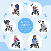 HOMCOM 6-in-1 Kinderdriewieler met Duwstang, Dak, Gordel, Opbergmand, 18+ Maanden, Donkerblauw(m-4)