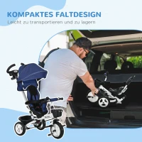HOMCOM 6-in-1 Kinderdriewieler met Duwstang, Dak, Gordel, Opbergmand, 18+ Maanden, Donkerblauw(m-5)