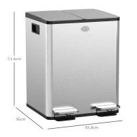 HOMCOM 40L Dual Compartment Stainless Steel Bin, with Deodoriser Holders - Silver Tone(m-3)
