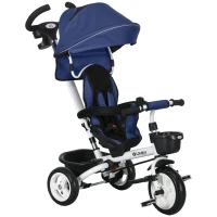 HOMCOM 6-in-1 Kinderdriewieler met Duwstang, Dak, Gordel, Opbergmand, 18+ Maanden, Donkerblauw(m-10)