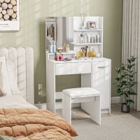 HOMCOM Dressing Table with Mirror and Stool, Vanity Table, Modern Makeup Desk with Drawer, Storage Cabinet and Adjustable Shelf for Bedroom, White(m-10)