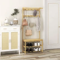 HOMCOM Suport de Haine cu 10 Cârlige, 2 Bare și Bancă pentru Pantofi, Suport de Haine de Podea, 70x31x170 cm, Maro(m-2)