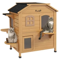 PawHut 2-story Cat House Outdoor, Weatherproof Wooden Cat Enclosure for Feral Cats with Escape Door, Openable Roof, Jumping Platforms, Natural Wood Finish(m-1)