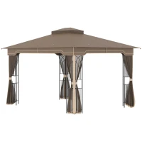 Outsunny Gazebo da Giardino con Zanzariera, Doppio Tetto e Struttura Metallo, 3.7x3m Marrone e Beige(m-10)