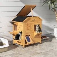 PawHut 2-story Cat House Outdoor, Weatherproof Wooden Cat Enclosure for Feral Cats with Escape Door, Openable Roof, Jumping Platforms, Natural Wood Finish(m-2)
