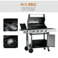 Outsunny Barbacoa de Gas con 4+1 Quemadores 15,2 KW Parilla de Gas BBQ de Acero con Termómetro 2 Mesas Laterales Armario de 2 Puertas y Ruedas con Frenos 118x55x113 cm Plata(m-5)