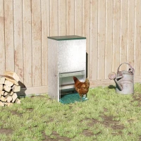 PawHut Comedero para Aves de Corral de 24L de Capacidad Comedero para Gallinas con Apertura Abrible Automática y Pedal Resistente Agua 33,5x38,5x66 cm Plateado y Verde(m-2)