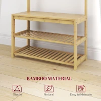 HOMCOM Suport de Haine cu 10 Cârlige, 2 Bare și Bancă pentru Pantofi, Suport de Haine de Podea, 70x31x170 cm, Maro(m-4)