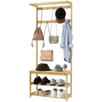 HOMCOM Suport de Haine cu 10 Cârlige, 2 Bare și Bancă pentru Pantofi, Suport de Haine de Podea, 70x31x170 cm, Maro(m-10)