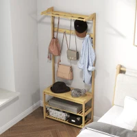 HOMCOM Suport de Haine cu 10 Cârlige, 2 Bare și Bancă pentru Pantofi, Suport de Haine de Podea, 70x31x170 cm, Maro(m-7)