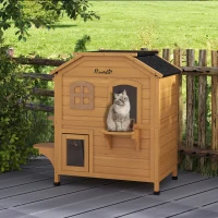 PawHut 2-story Cat House Outdoor, Weatherproof Wooden Cat Enclosure for Feral Cats with Escape Door, Openable Roof, Jumping Platforms, Natural Wood Finish(m-10)
