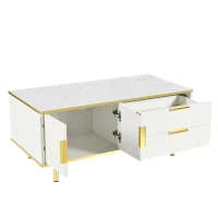 Table basse moderne avec tiroirs, design rayé, plateau en faux marbre et détails en métal doré, 100x50x43 cm, Blanc(m-8)