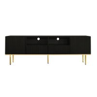Mueble TV moderno con patas y bordes dorados, dos estantes y dos cajones, 165x36x55 cm, Negro