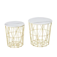 HOMCOM Lot de 2 Tables Basses gigognes - Tables d'appoint Rondes encastrables Style néo-rétro Bicolore Structure métal doré Plateau MDF Aspect marbre Blanc(m-10)
