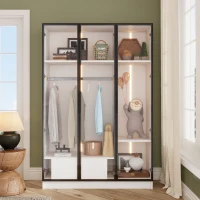 Armoire Penderie Spacieuse avec 3 Portes en Verre, 1 Tiroir et 1 Tringle à Vêtements, Éclairage LED Intégré, 110x50x160 cm, Blanc(m-1)
