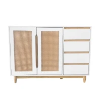 Sideboard mit Rattanimitat-Türen, Schubladen und verstellbaren Regalen, Beine aus Massivholz, Holzfarbe und Weiß(m-9)