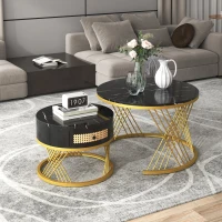 Lot de 2 tables basses gigognes rondes, plateau effet marbre et tiroirs en rotin synthétique, pieds métal, 70x70x45,5 cm + 50x50x38,5 cm, Noir(m-1)