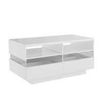 Hochglanz Couchtisch mit LED-Beleuchtung, zwei Ablagefächern und Schubladen, modernes Design, Weiß(m-9)