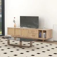 Meuble TV scandinave en rotin pour écrans jusqu'à 80 pouces, console avec portes en rotin, pieds en métal et espace de rangement, naturel(m-5)