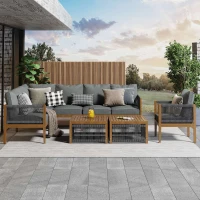 Gartenlounge Set für 7-8 Personen, Akazienholzrahmen, Handgewebtes Seildesign, Abnehmbare und Waschbare Bezüge, Natürlich+Grau(m-1)