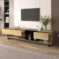 Meuble TV Bas Moderne en Bois avec Pieds en Métal, Trois Tiroirs et Étagères, 200x40x50 cm - Meuble TV Scandinave, Naturale+Noir(m-5)
