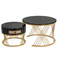 Lot de 2 tables basses gigognes rondes, plateau effet marbre et tiroirs en rotin synthétique, pieds métal, 70x70x45,5 cm + 50x50x38,5 cm, Noir(m-2)